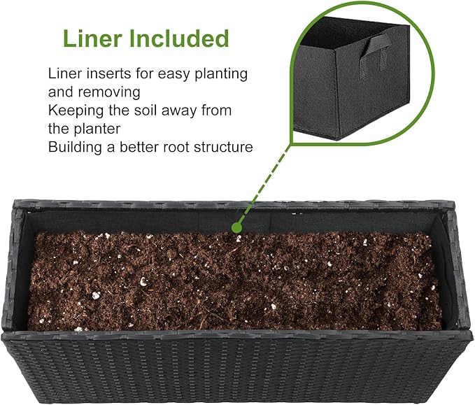 LEWIS&WAYNE Large Rectangular Block Planter Box Handmade Wicker Tall Planters for Outdoor Plants with Removable Liners Modern Planter for Indoor Outdoor Patio Deck - Black, 30''x12''x16''