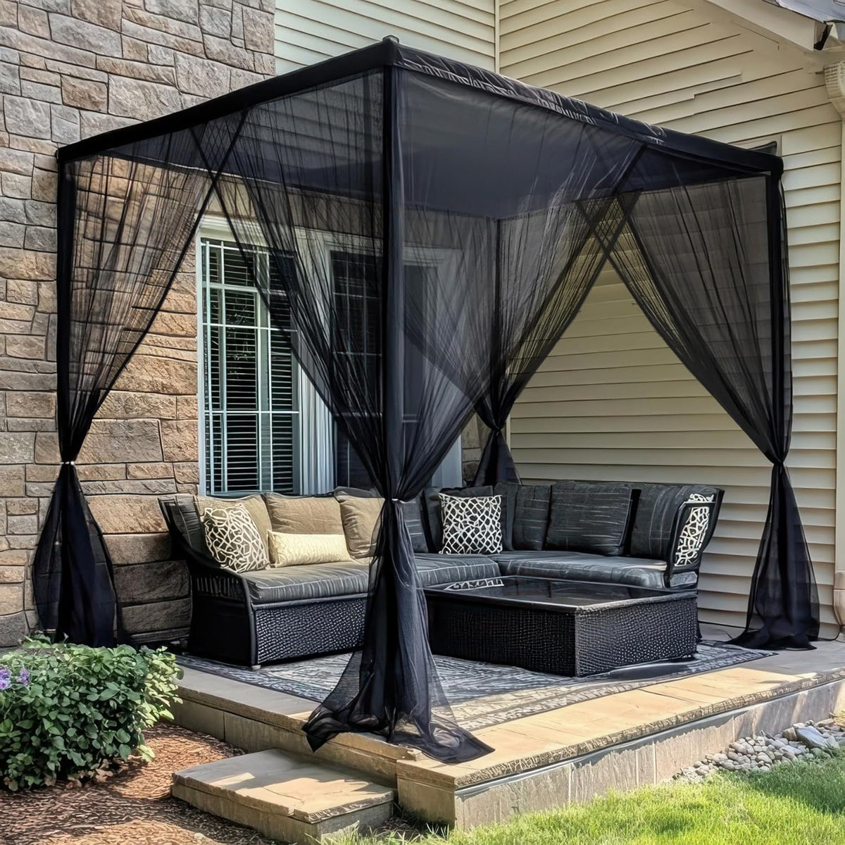 Mosquito Net for Patio 10 x 10 FT | Very Large Sizes & Fabric Designed for Outdoors | Insect House Screen Netting for Gazebo, Porch & Garden Terrace | Black Outside Canopy Bug Protection