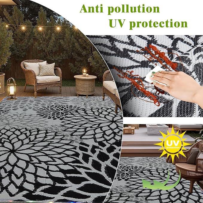 Outdoor Rug 8x10 ft with LED Light, Waterproof Reversible Outdoor Plastic Straw Rug for Patios Clearance, Large Outdoor Area Rug Carpet RV Mat for Camping Backyard Deck Porch Beach