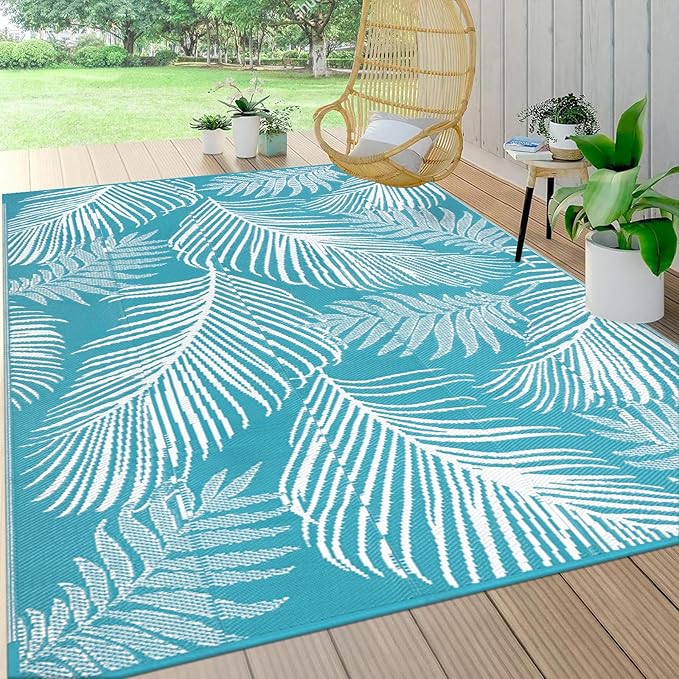 Pauwer Waterproof Outdoor Rug 6x9, Reversible Plastic Straw Patio Camping Rug, Indoor Outdoor RV Mat Carpet for Deck, Camper, Porch, Balcony, Backyard, Picnic, Leaf Teal
