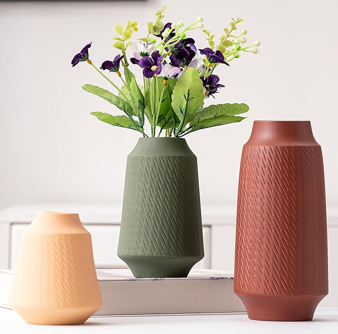 Ceramic Vase Set of 3, Modern Multicolor Pattern Flower Vases for Home Decor, Office, Centerpieces, Boho Farmhouse Style (Red/Green/Orange)