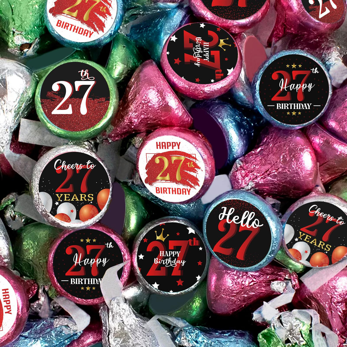 Happy 27th Birthday Party Favor Labels Chocolate Candy Stickers - Twenty Seven Years Old Birthday Round Candy Sticker Party Favors - Black and Red