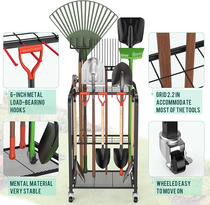 Trieez Garden Tool Organizer for Garage, Yard Tool Organizer with Wheels for Garage Organization and Storage - Sturdy Yard Tool Holder Tool Rack, for Shed, Outdoor, Tool Stand