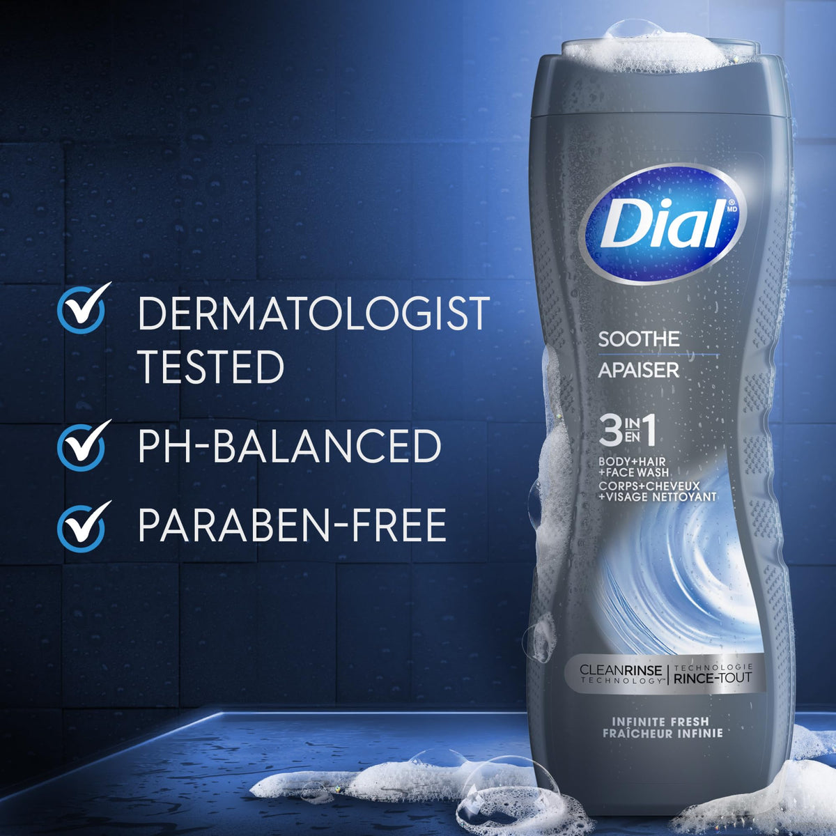 Dial Men 3 in 1 Body, Hair and Face Wash, Soothe, 16 Fl Oz, 4-Pack