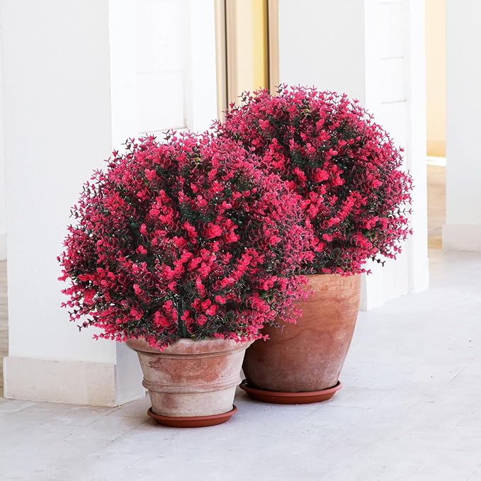 Yunlly 2 Pcs 18 Inch Artificial Boxwood Ball Topiary Tree Fake Outdoor Plants Bush, UV Resistance Faux Shrubs with Spike Realistic Greenery Potted for Indoor Garden Yard Porch Patio Decor (Rose Red)