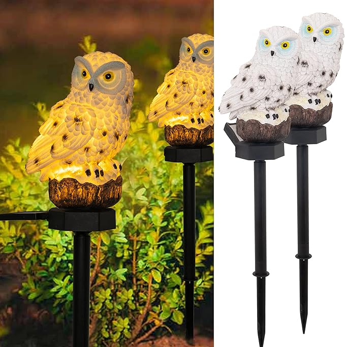 Dazzle Bright 2 Pack Owl Figure Solar LED Lights, Resin Garden Waterproof Decorations with Stake for Outdoor Yard Pathway Outside Patio Lawn Decor to Scare Birds Away, Gifts for Women, Owl Lovers