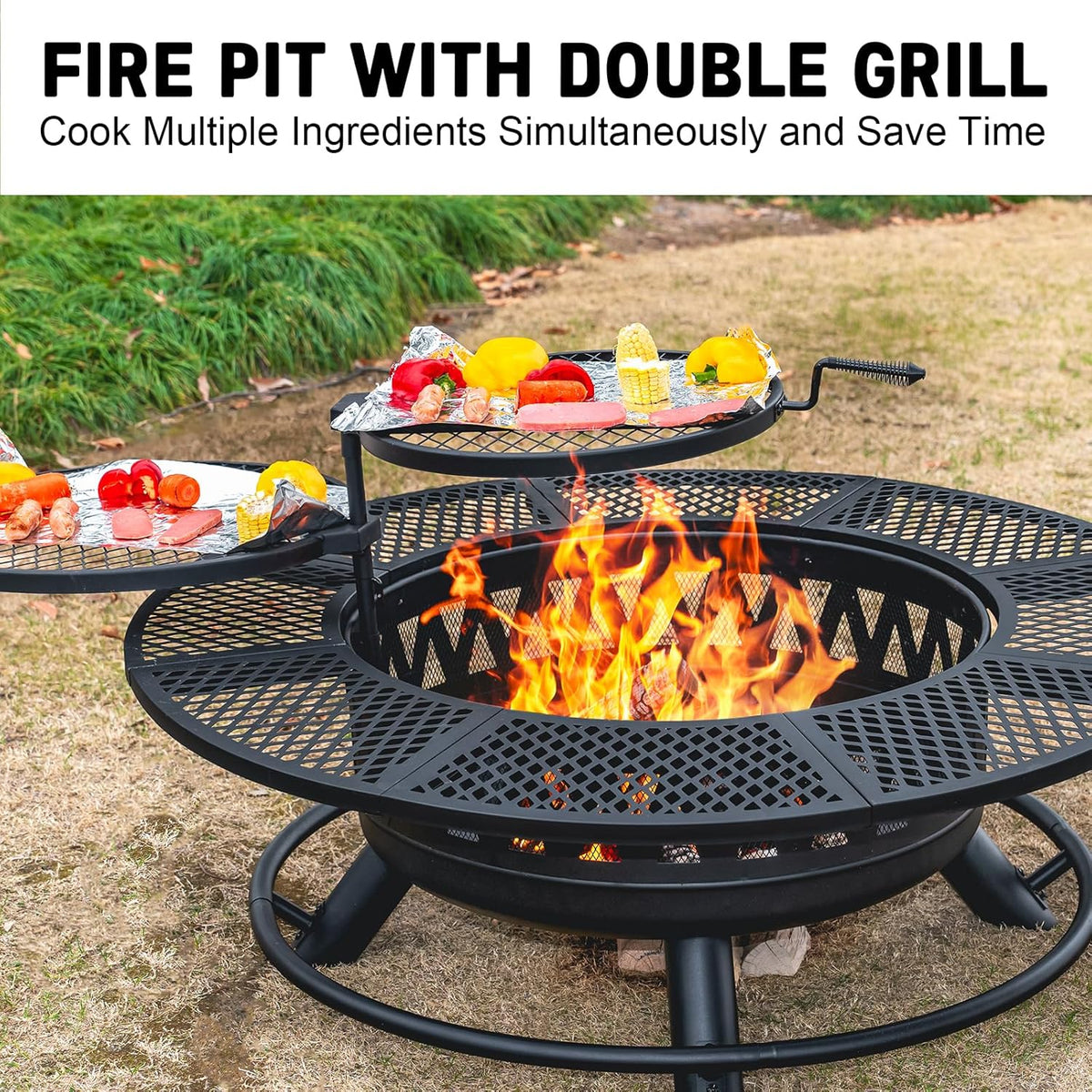47 Inch Fire Pit with 2 Grills, Outdoor Extra Large Firepits for Outside, Wood Burning Fireplace for Camping,Picnic,Bonfire, 3-in-1 Round Metal Table with Lid for Backyard,Patio,Party
