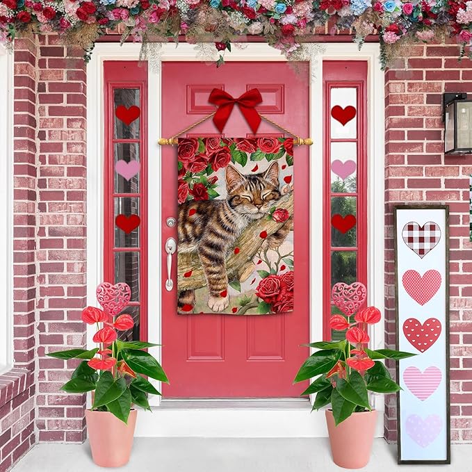 BLKWHT Valentines Cat House Flag 28 x 40 Vertical Double Sided Red Roses Spring Farmhouse Holiday Outside Decorations Burlap Yard Flag BW757-40