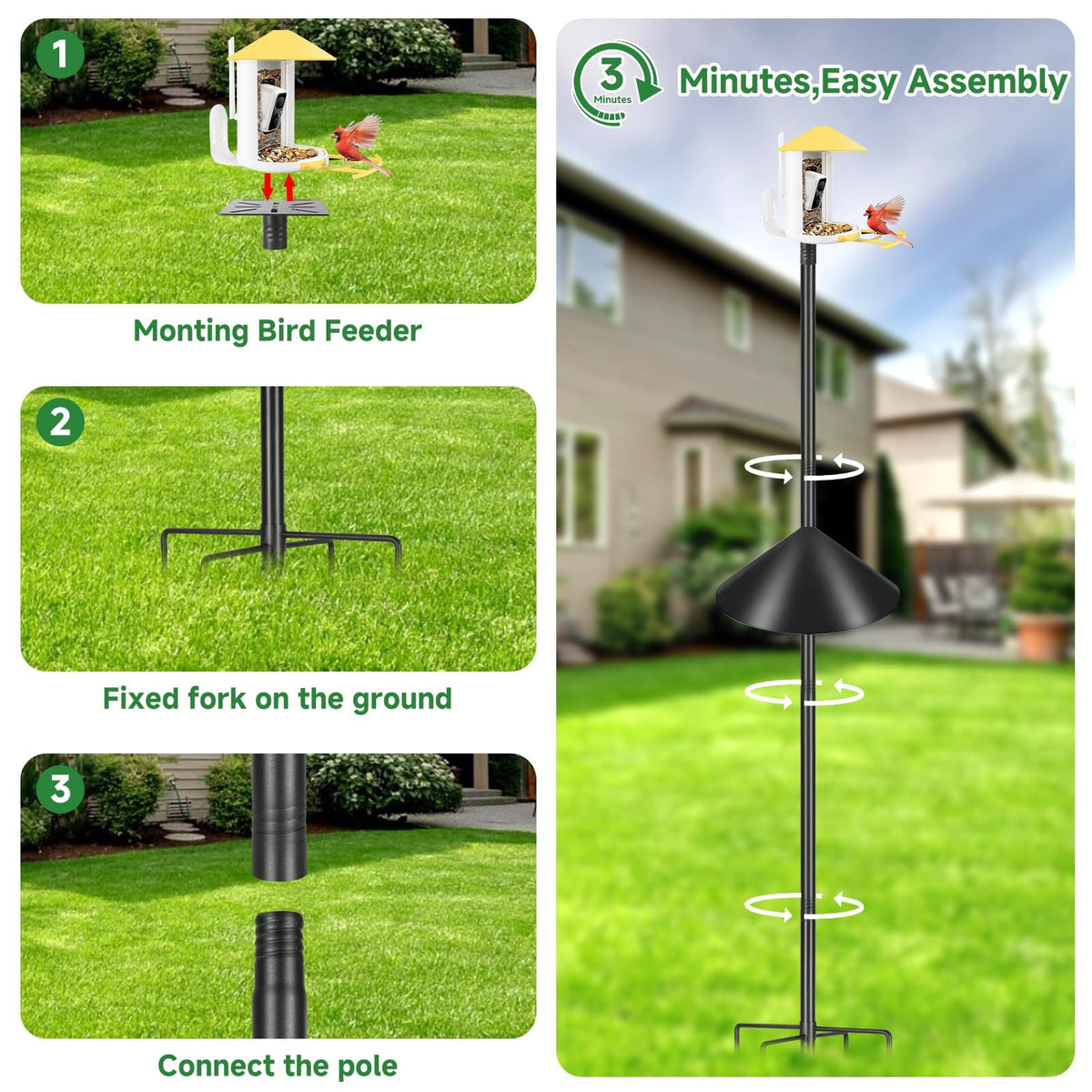 Smart Bird Feeder Pole with Squirrel Baffle & Bath-Heavy Duty Adjustable 3-6.6ft Universal Stand Mount for Backyard&Outdoor Bird Houses/Cameras (80" Pole-Baffle)
