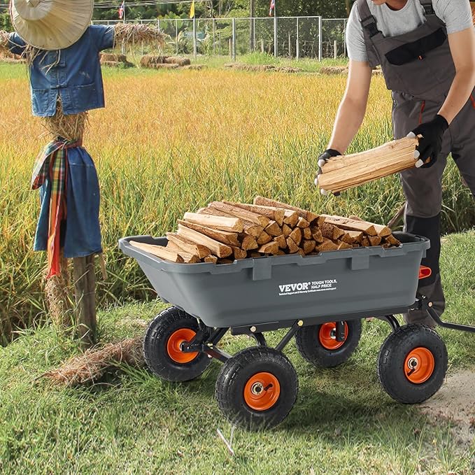 VEVOR 800lbs Poly Dump Garden Cart, Heavy Duty Yard Dump Cart Wagon, 4 Wheel Wheelbarrow with 10in Tires, 180°Rotating Handle, Steel Frame and Quick Release System