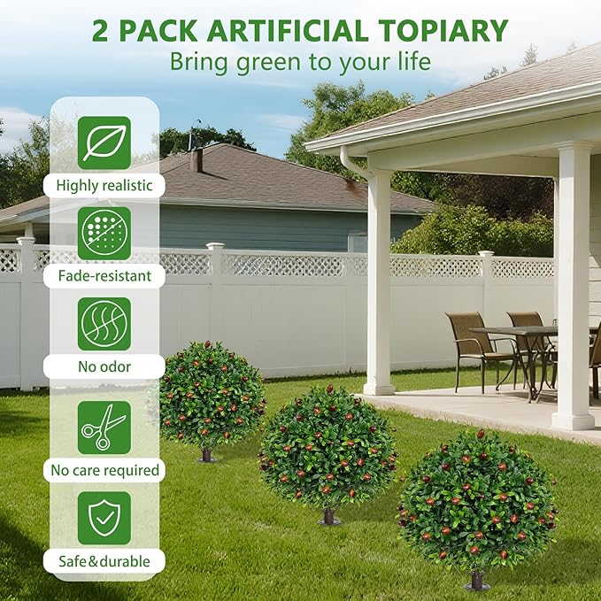Artificial Olive Topiary Ball Trees with Ground Spike, Set of 2 UV Resistant Artificial Shrubs, Fake Evergreen Artificial Plant Bushes for Indoor Outdoor Front Porch Garden