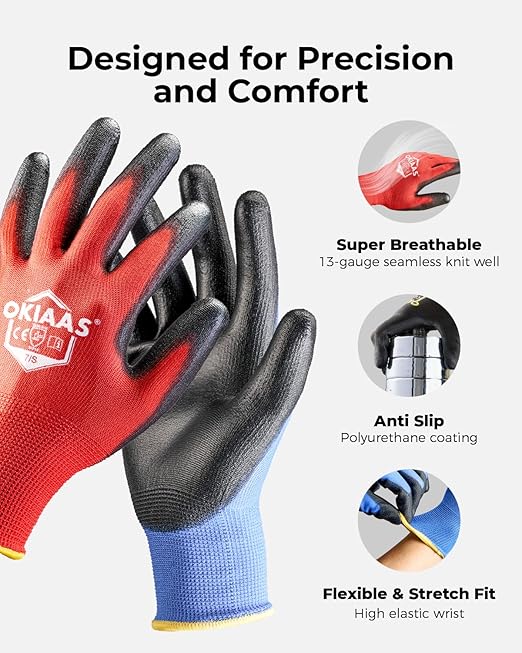 OKIAAS Work Gloves for Men，Ultra Thin and Lightweight Working Gloves with Grip, Bulk Case of 60 Pairs Construction Gloves with Polyurethane Coating, Safety Gloves for Light Duty Work (Black, Medium)