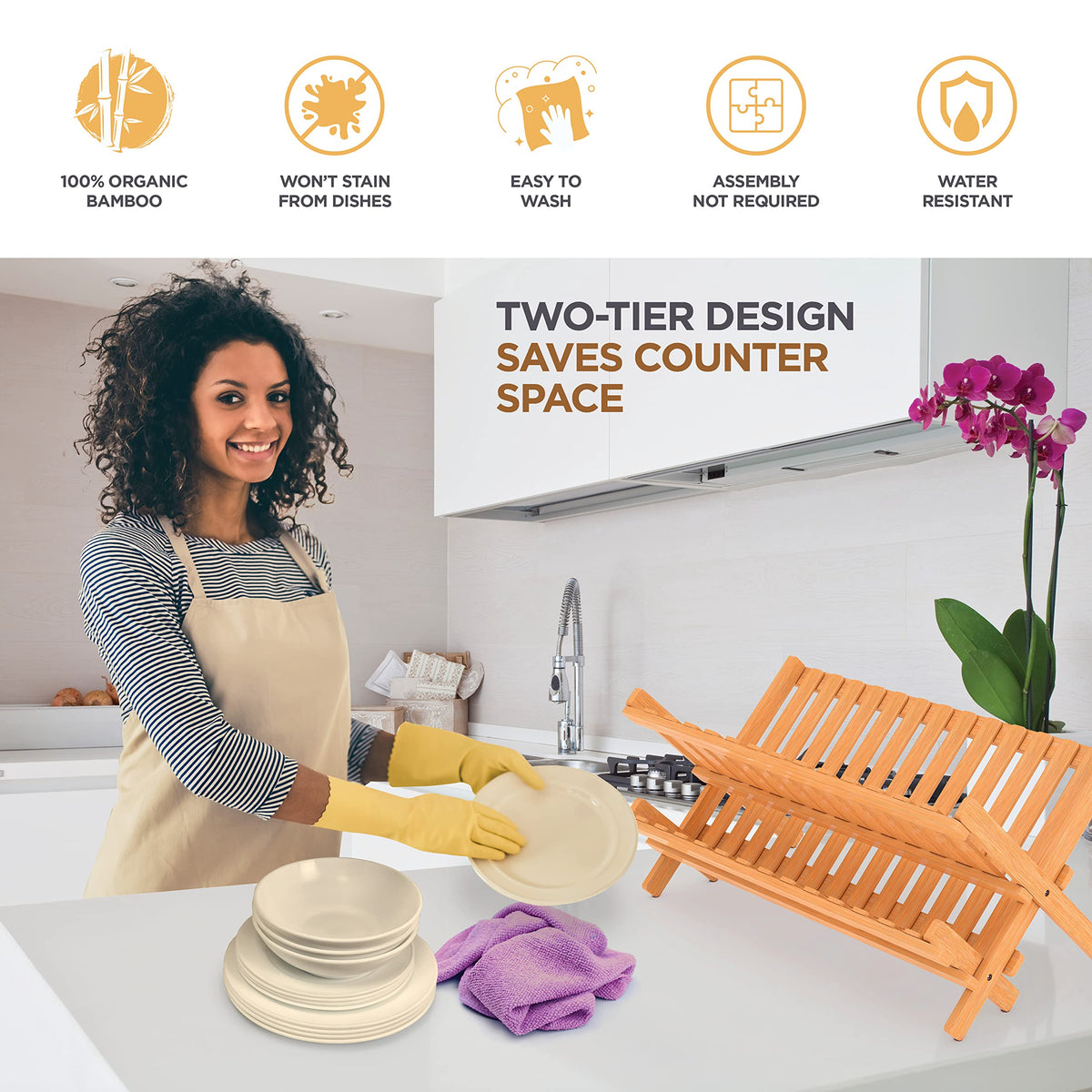 Bambüsi 2-Tier Dish Drying Rack, Bamboo Dish Drainer for Kitchen Counter