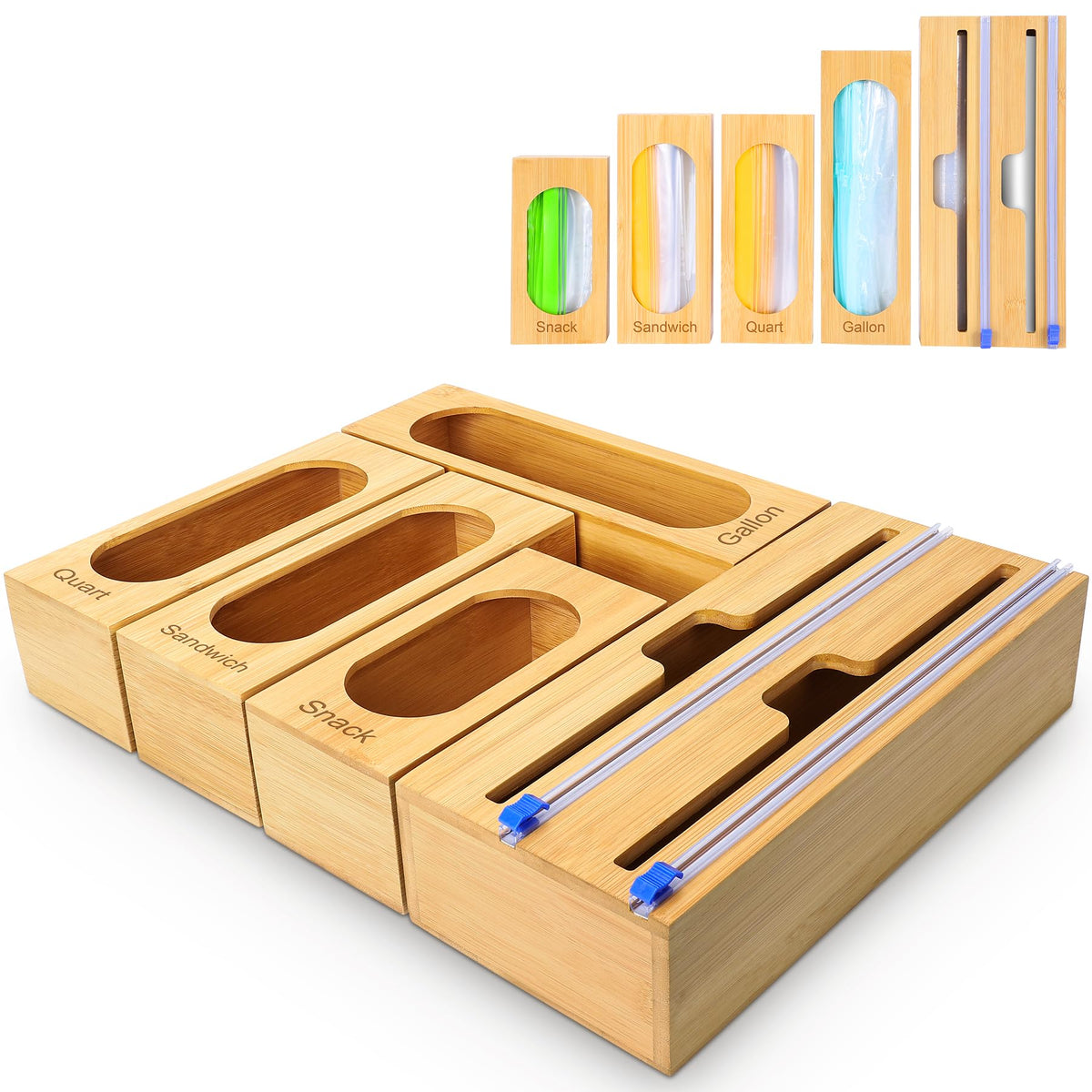 Gamtik Storage Bag Organizer for Kitchen Drawer, 5-Slot, Bamboo
