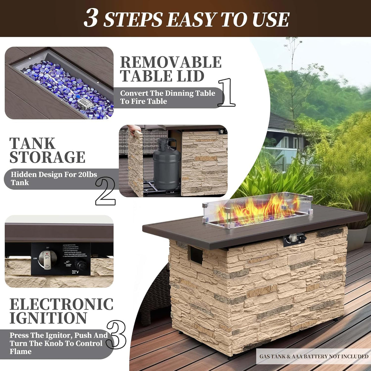 43¡± Propane Fire Pit Table Outdoor Rectangular Stone Firepit Table 50,000 Btu Propane Fire Tables for Outside Patio with Glass Wind Guard, Lid, Fire Glass Beads,Buff Rock Look