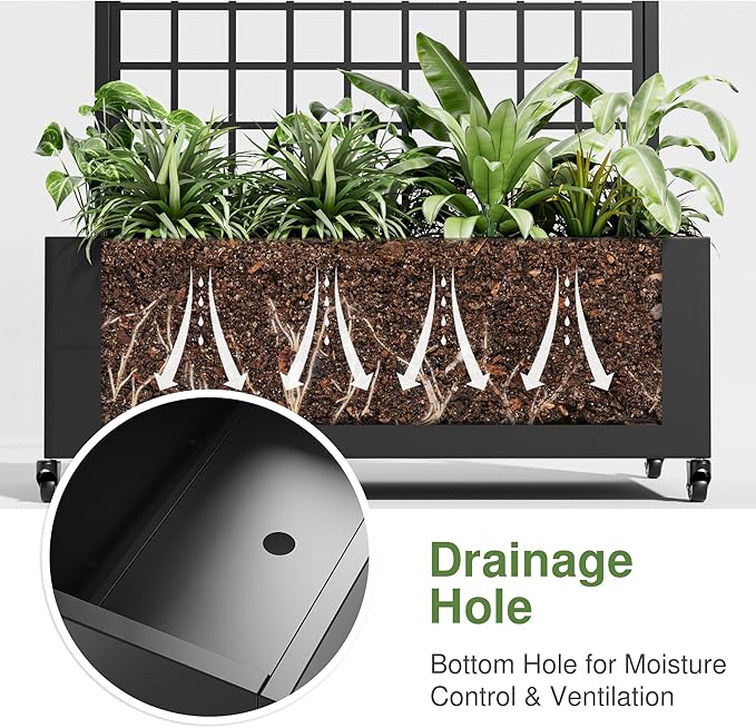 Casaphoria Metal Raised Garden Bed with Trellis and Wheels, 72"x35"x16" Planter Box for Climbing Plants, Vegetables & Vines, Features Drainage Holes and Privacy Screen (Black-Grid)