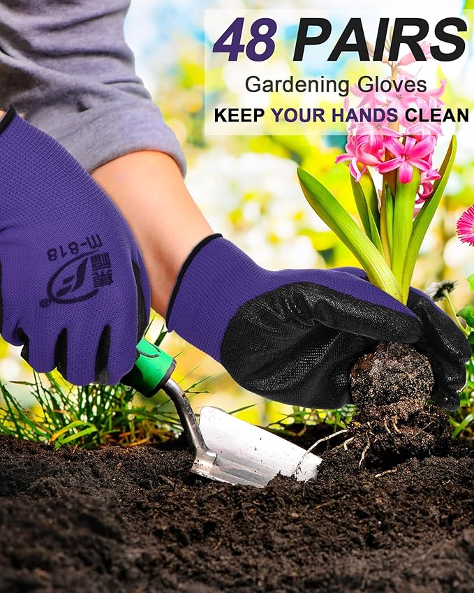 Nuogo 48 Pairs Gardening Gloves for Men Women Rubber Coated Safety Work Gloves Bulk for Gardening Construction Work