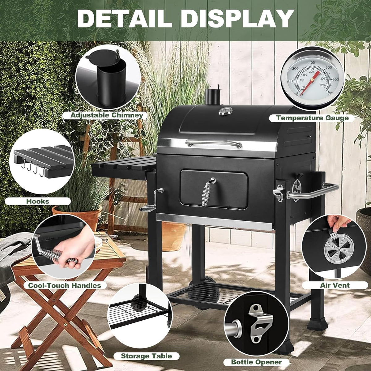 Charcoal Grill, BBQ Grill Charcoal Grill with Pull-Out Grease Tray for Outdoor Patio Backyard (Cast Iron Grate)