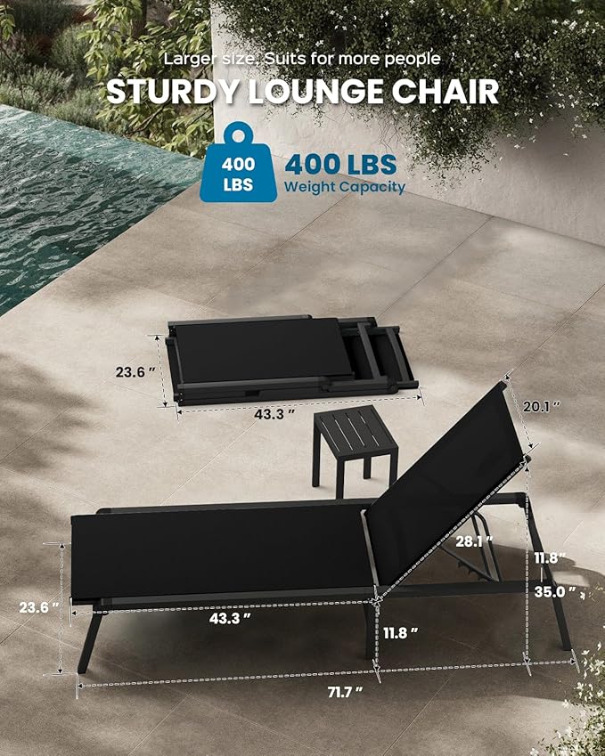 Chaise Lounge Outdoor, Foldable Aluminum Pool Lounge Chairs with 5 Positions Recliner - Free Assembly - Patio Chaise Lounge Chair for Poolside, Beach, Yard (Black)