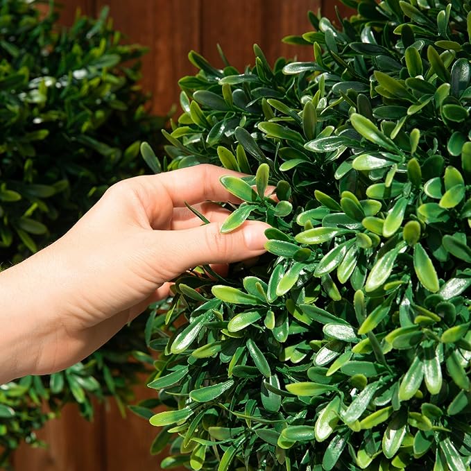 Premium 16" Diameter Artificial Japanese Boxwood Topiary – Set of 2 Faux Plants with Ground Spikes – UV-Resistant, Realistic Outdoor & Indoor Garden Décor – Weatherproof and Durable