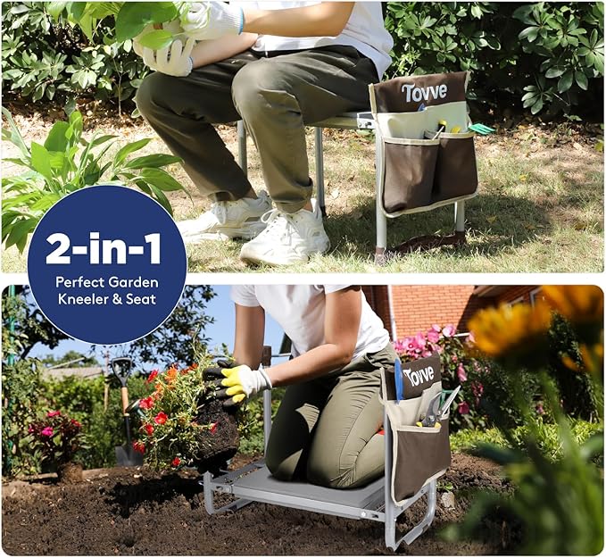 Upgraded Garden Kneeler and Seat with Thicken & Widen Soft Kneeling Pad, Heavy-Duty Foldable Garden Stool with Large Garden Tool Bag, Portable Garden Bench Gardening Gifts for Women, Seniors