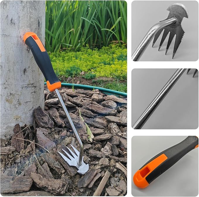 Weeder Puller Tool, Stainless Steel Thickened Hand Weeder Tool, Portable Weed Remover Tool,4 Teethe Waterproof Manual Weed Puller, Multi Function Garden Tools for Yard (Rubber Handle)