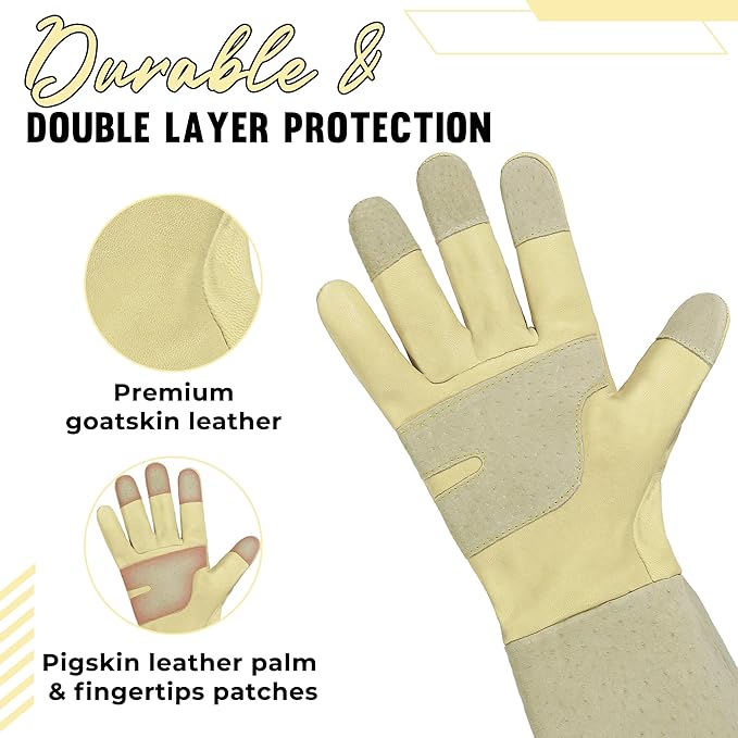 HANDLANDY Rose Pruning Gardening Gloves for Men Women, Thorn Proof Forearm Protection Leather Garden Gloves, Gardening Gifts for Gardeners (Beige- Goatskin, X-Large (Pack of 1))