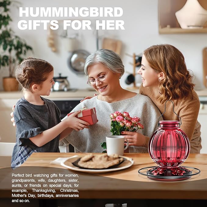 2 Pack Glass Hummingbird Feeder for Outdoors Hanging, Bird Nectar Feeder with Perch & 5 Flower Feeding Ports, 26 Oz Leak Proof for Outside Garden Decor Backyard, Gifts for Women Mom, Red
