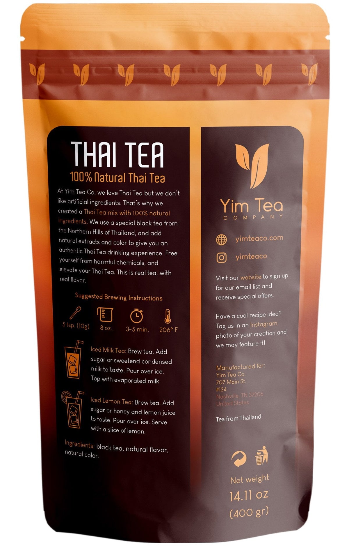 Yim Tea Co. - Thai Tea Mix - 100% Natural Loose Leaf - Made With Assam Black - for Iced and Boba (400g)