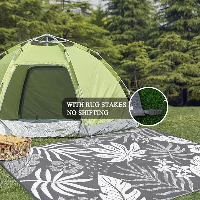Pauwer Waterproof Outdoor Rug 6x9, Reversible Plastic Straw Patio Camping Rug, Indoor Outdoor RV Mat Carpet for Deck, Camper, Porch, Balcony, Backyard, Picnic, Floral Grey