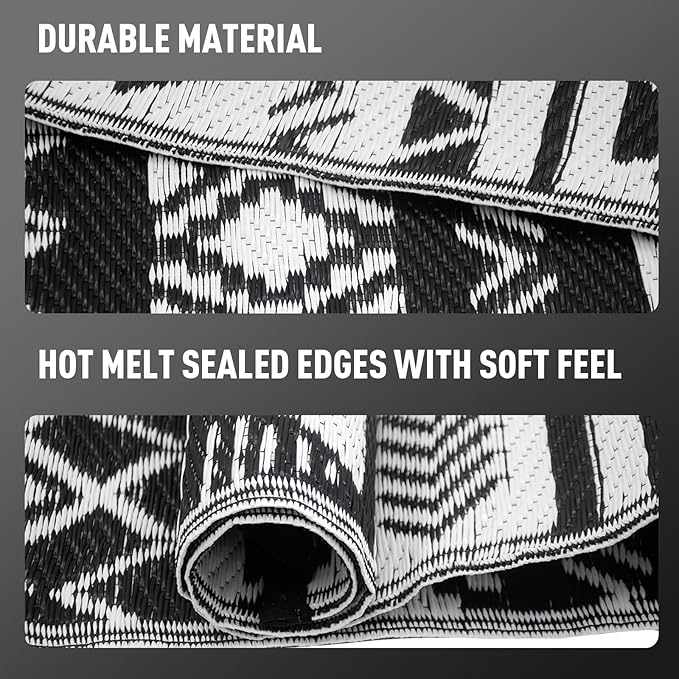 WILDROOTS 4x6 Feet Black and White Plastic Outdoor Rug, Stain Resistant Waterproof Reversible Outdoor Patio Rug, Fade Resistant Camping Rug