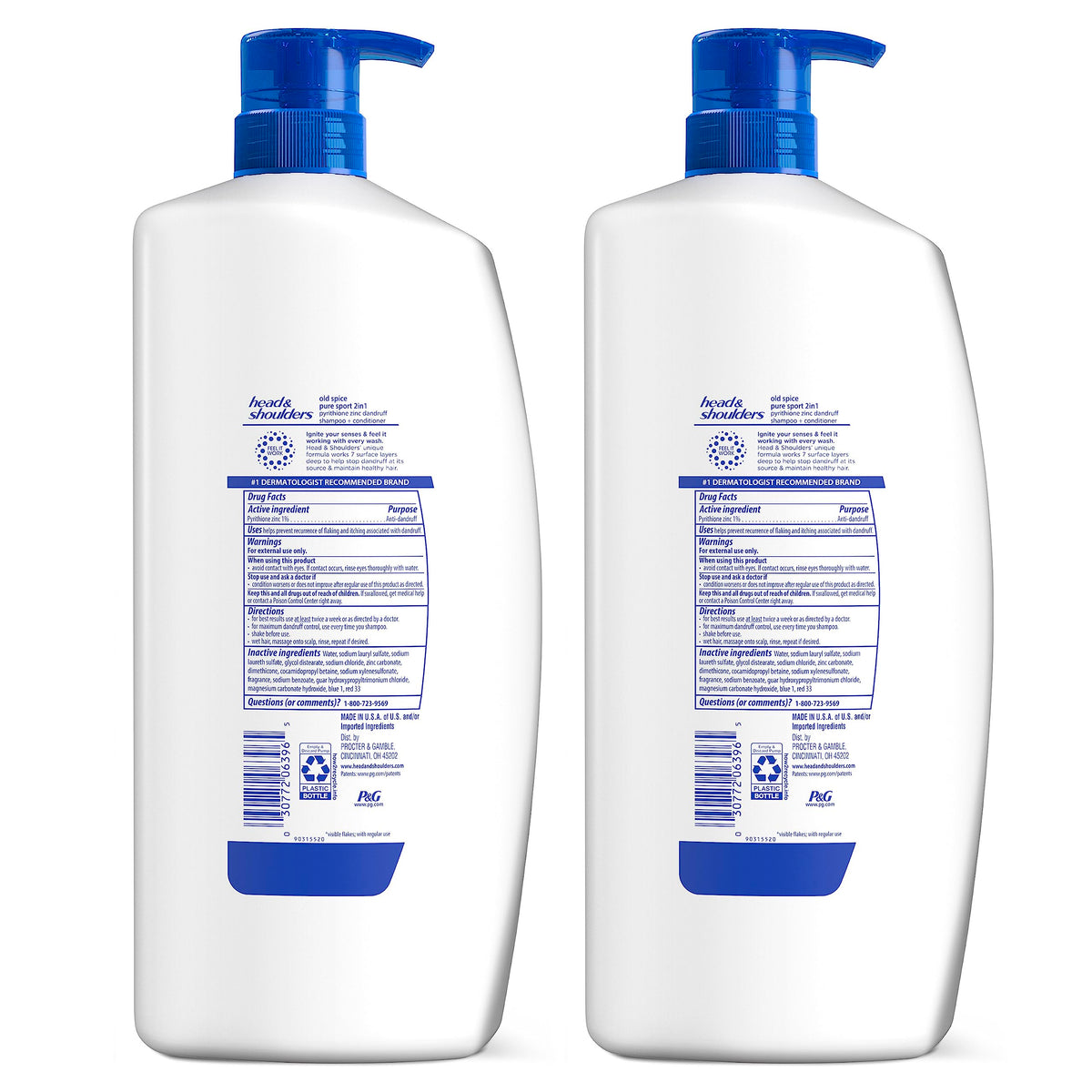 Head & Shoulders Old Spice Pure Sport 2-in-1 Anti-Dandruff Shampoo and Conditioner Twin Pack, 72-Hour Protection, 31.4 fl oz Each