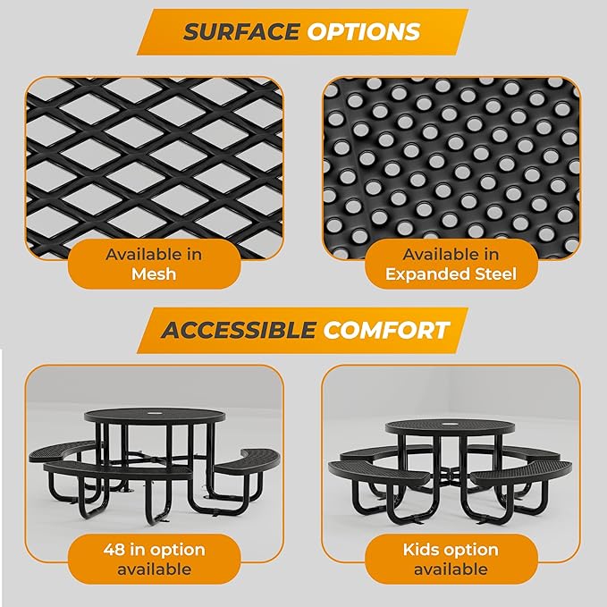 Metal Picnic Tables for Kids for Outdoors with Umbrella Hole - Coated Steel Heavy Duty Commercial Grade Table with Adjustable Seats (Black, 38 in, Kids, Expanded Steel)