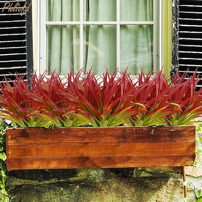 6Pcs Artificial Grass Fake Plants 17.3in Outdoor Plants UV Resistant Greenery Stems Fake Grass for Home Window Garden Office Patio Pathway Front Porch Christmas Décor Light Green & Red