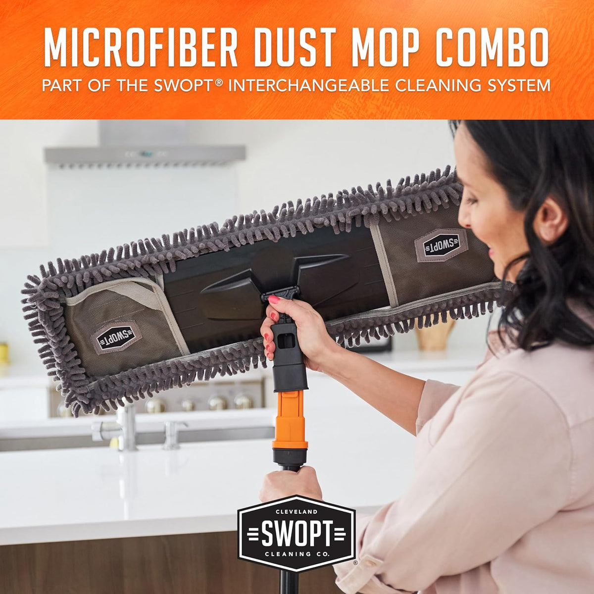 SWOPT 24” Microfiber Dust Mop + 60" Steel Handle, Combo — Includes Additional 24” Microfiber Refill, Machine Washable — Dust Mop Head with Long Handle Interchangeable with All SWOPT Cleaning Products