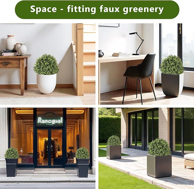 THE BLOOM TIMES 2ft Faux Boxwood Plants Outdoor Set of 2, Topiary Balls Artificial Outside Trees, 24" UV Resistant Fake Greenery Bushes & Shrubs for Front Porch Planter