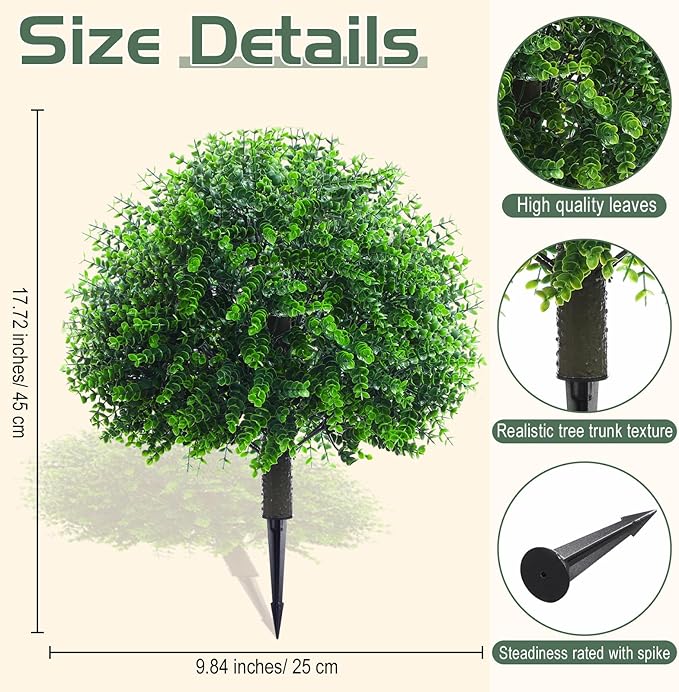 Yunlly 10 Pcs 18 Inch Artificial Boxwood Ball Topiary Tree Fake Outdoor Plants Bush, UV Resistance Faux Shrubs with Spike Realistic Greenery Potted for Indoor Garden Yard Porch Patio Decor (Green)