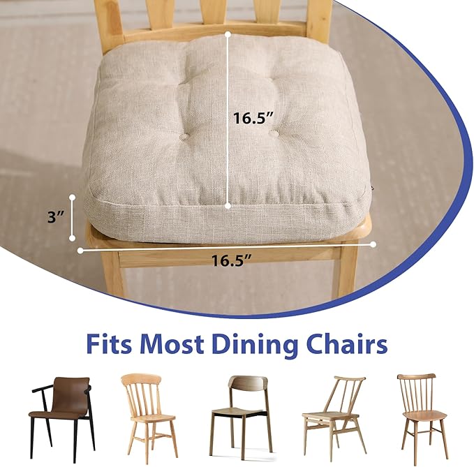Chair Cushions for Dining Chairs, Dining Chair Cushions, Tufted Indoor Chair Pads with Ties & Non Slip Backing, Seat Cushions for Kitchen Chairs 16.5” x 16.5” x 3.5”, Set of 2, Beige