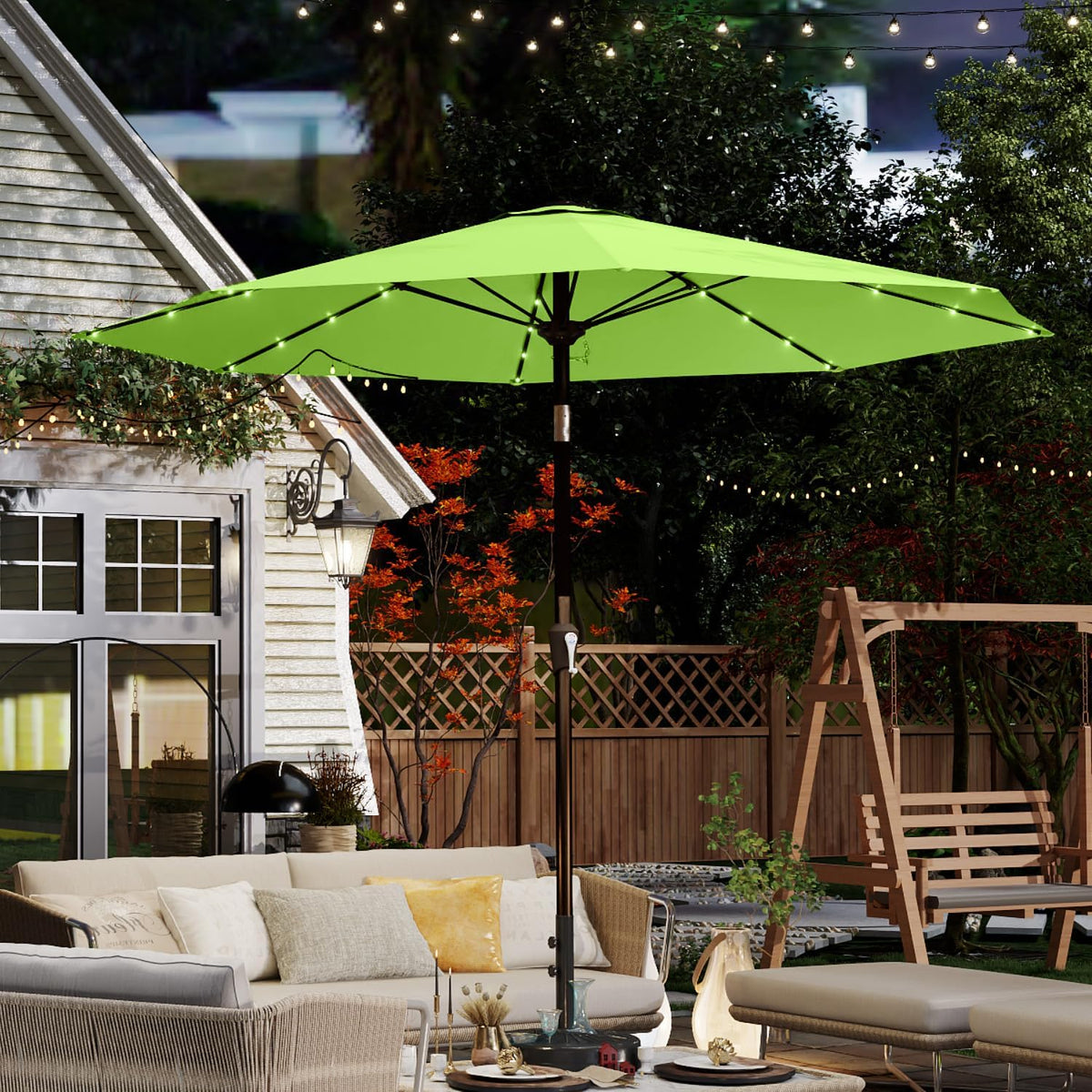10FT Solar Umbrella 32 LED Lighted Patio Umbrella Table Market Umbrella w/Tilt and Crank, UV-Resistant Outdoor Umbrella for Pool, Garden, Deck, Apple Green