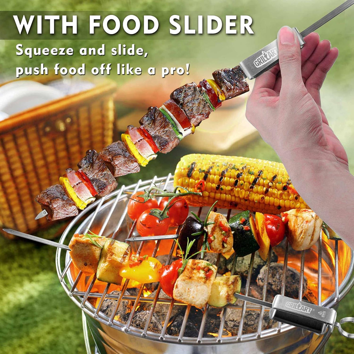 GRILLART Kabob Skewers for Grilling - Metal Skewers for Kabobs with Slider - Flat BBQ Skewers Stainless Steel - 17" Shish Kabob Grill Skewers & Ideal Kabob Sticks for Meat Shrimp Chicken Veggie(10PCS)