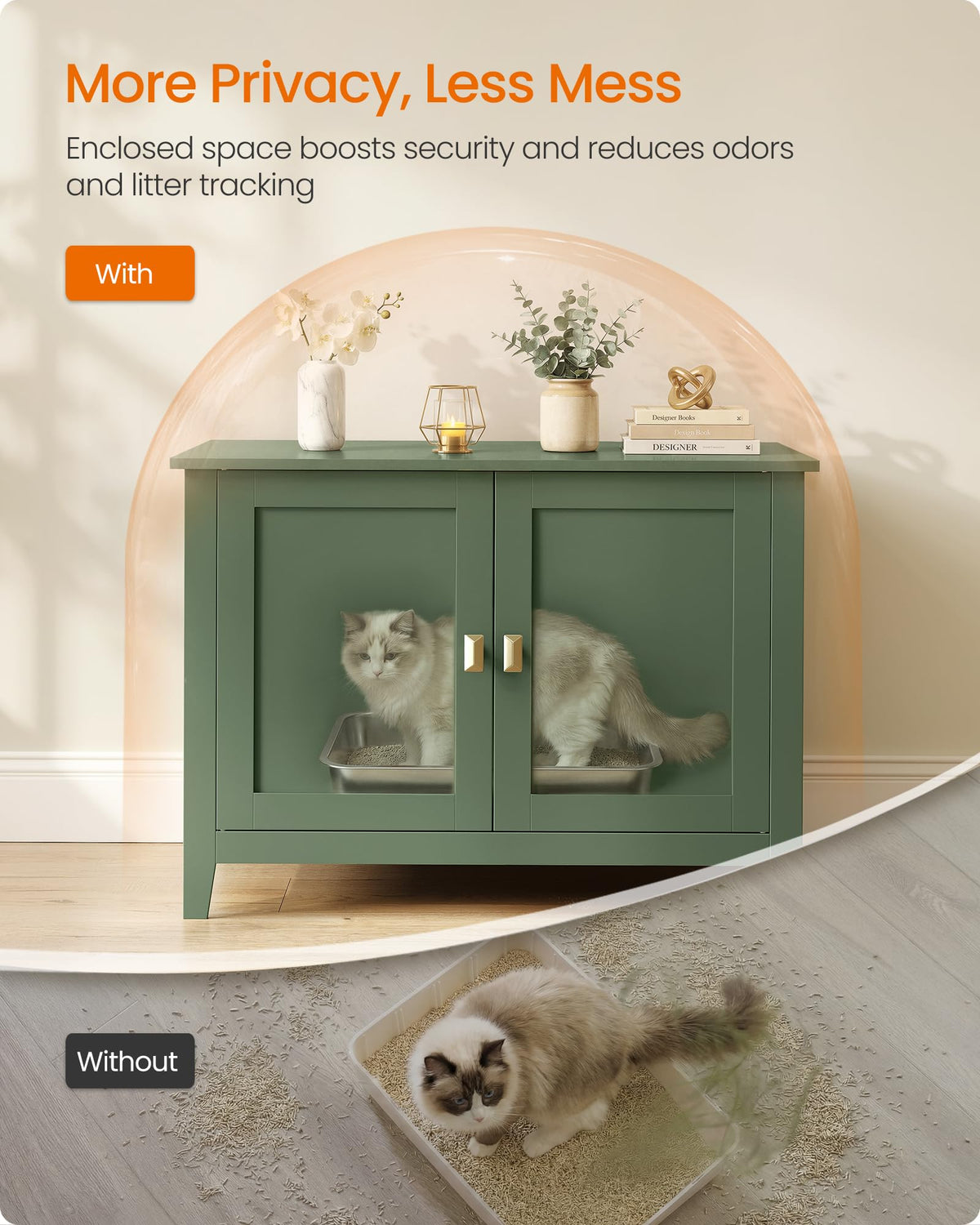 Feandrea Cat Litter Box Enclosure, Double Doors, Handles