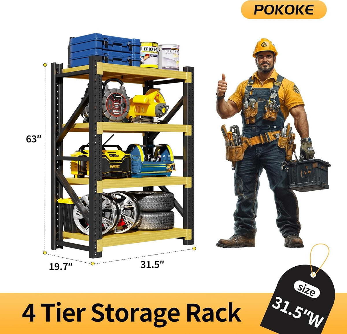 Garage Shelving Unit, 4 Tier Heavy Duty Racks, Easy Assembly, Metal Racks with Adjustable Shelves, 3000 LBS Load Capacity,for Warehouse,Basement (Black&Yellow, 19.7" D x 31.5" W x 63" H)