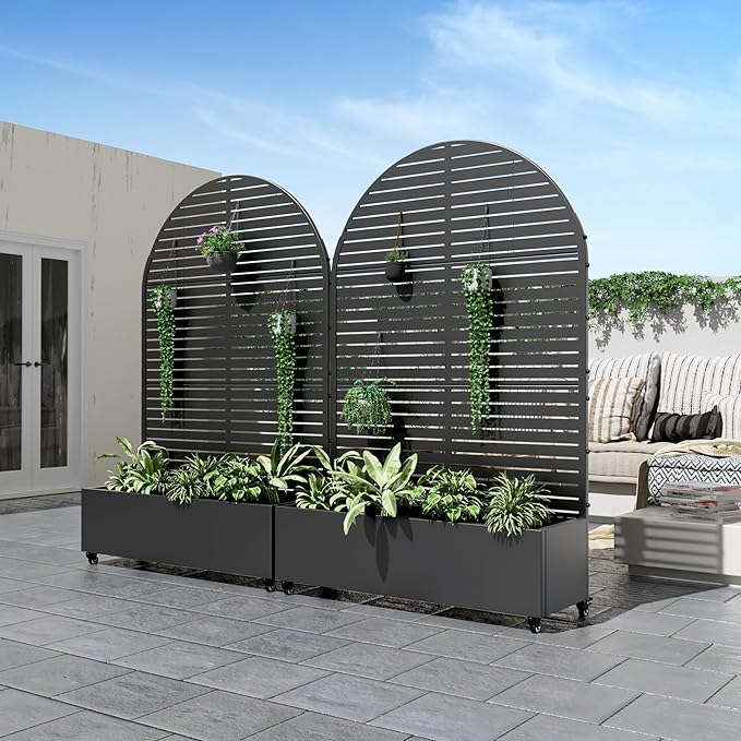 Casaphoria Metal Raised Garden Bed with Trellis and Wheels, 72"x35"x16" Arched Planter Box for Climbing Plants, Vegetables & Vines, Features Drainage Holes and Privacy Screen (Black-Louvered)