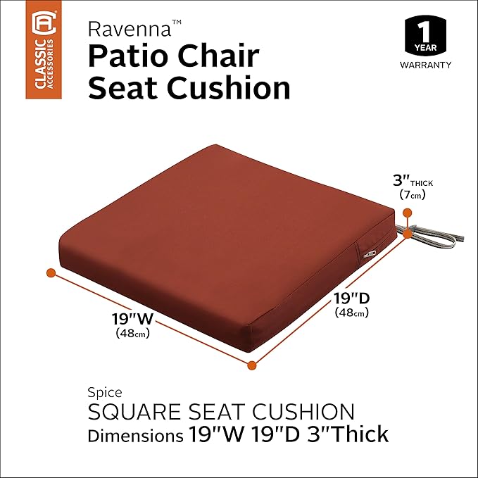 Classic Accessories Ravenna Water-Resistant 19 x 19 x 3 Inch Patio Seat Cushion, Spice, Chair Seat Cushion