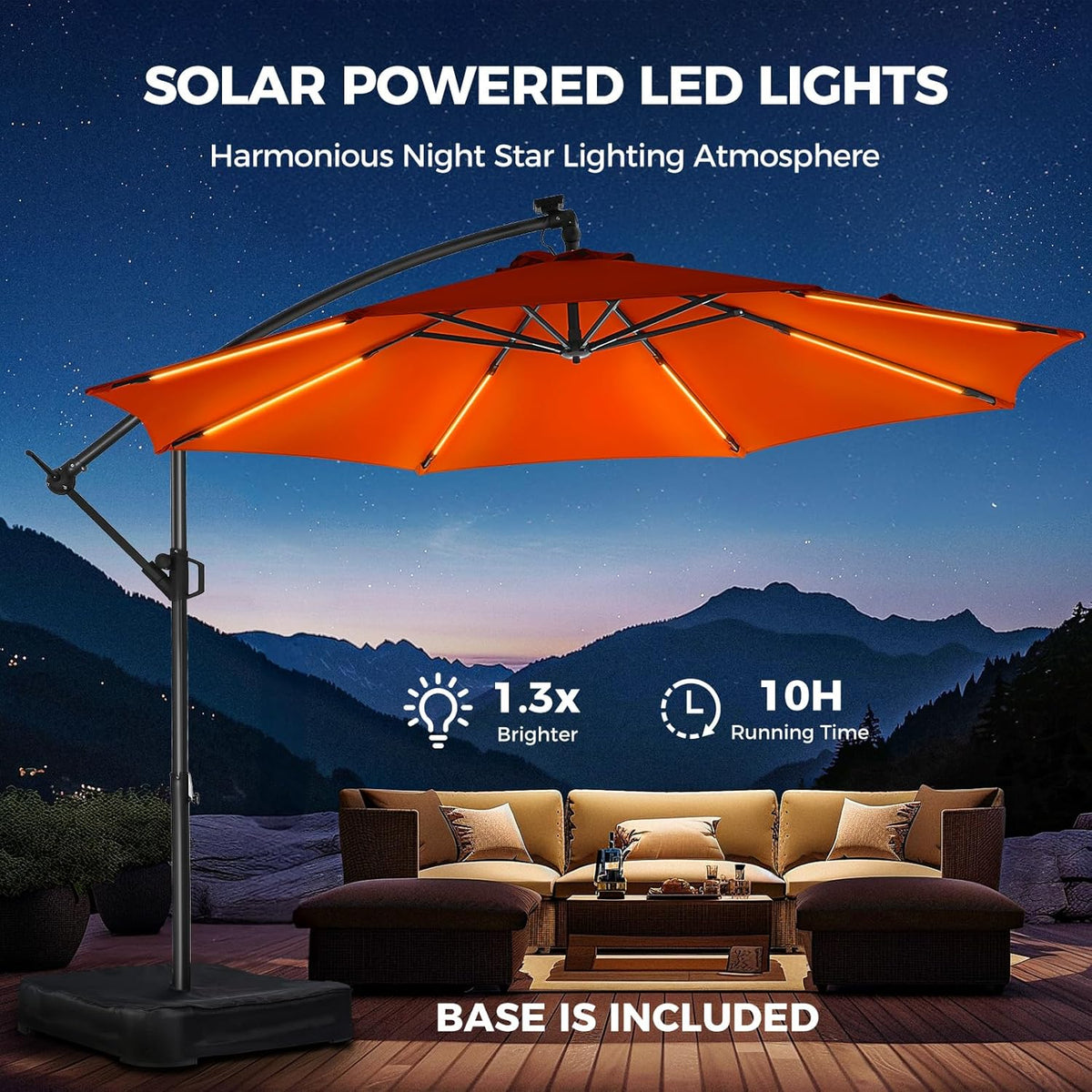 HOMSHADE 10ft Solar Lights Offset Cantilever Patio Umbrella - with Light and Base, LED Lighted Offset Hanging Patio Outdoor Market Umbrella UPF50+ UV Protection with Easy Tilt and Crank (Orange)