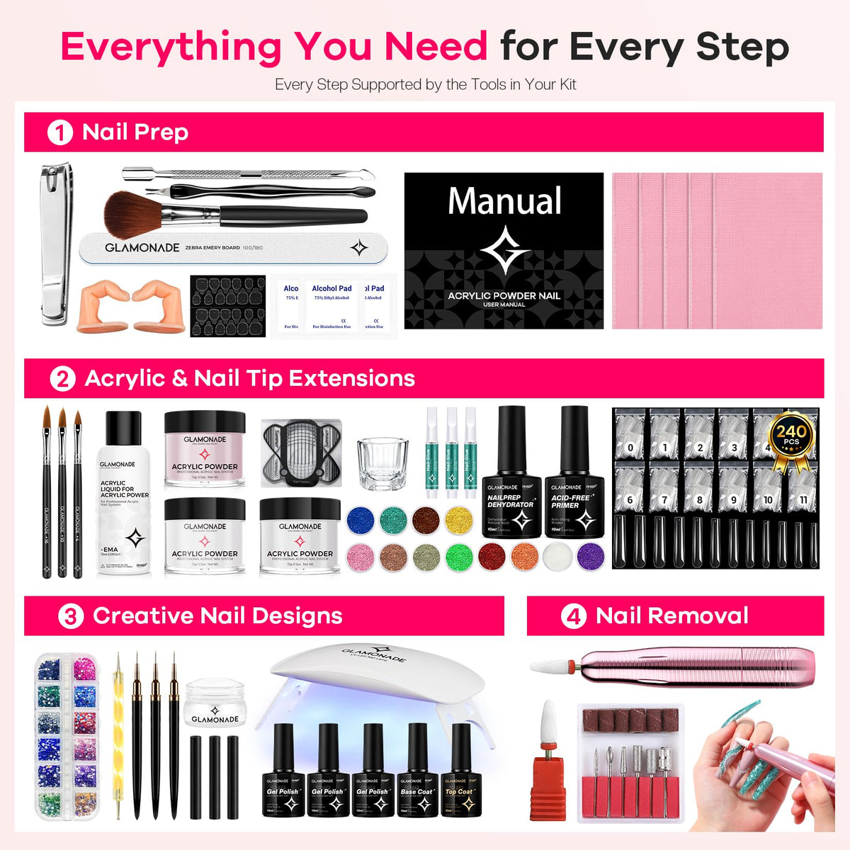 Glamonade Acrylic Nail Kit for Beginners: Prep to Finish Home Practice DIY