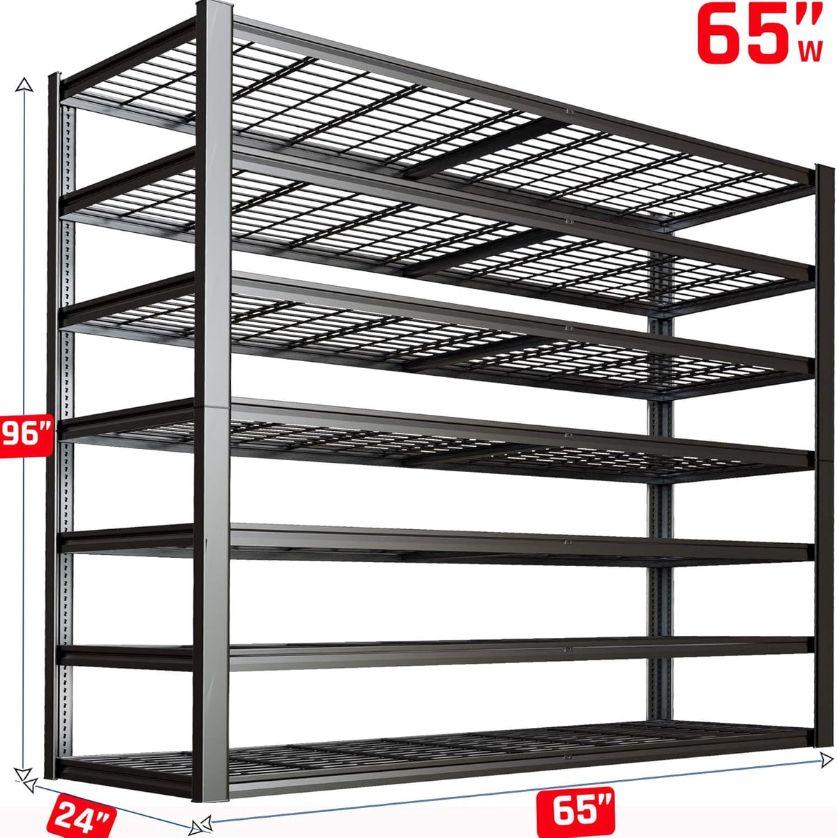 65" W Garage Shelving Heavy Duty, 7 Tier Garage Shelves, 65" W x 96" H x 24" D Adjustable Storage Shelving Unit, Commercial Metal Shelves for Warehouse, Basement,2 Pack