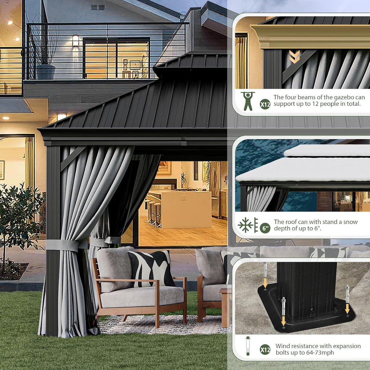 Aoxun 12' X 16' Permanent Hardtop Gazebo Aluminum Gazebo with Galvanized Steel Double Roof for Patio Lawn and Garden, Curtains and Netting Included, and LED Outdoor Waterproof Hanging Lights, Grey