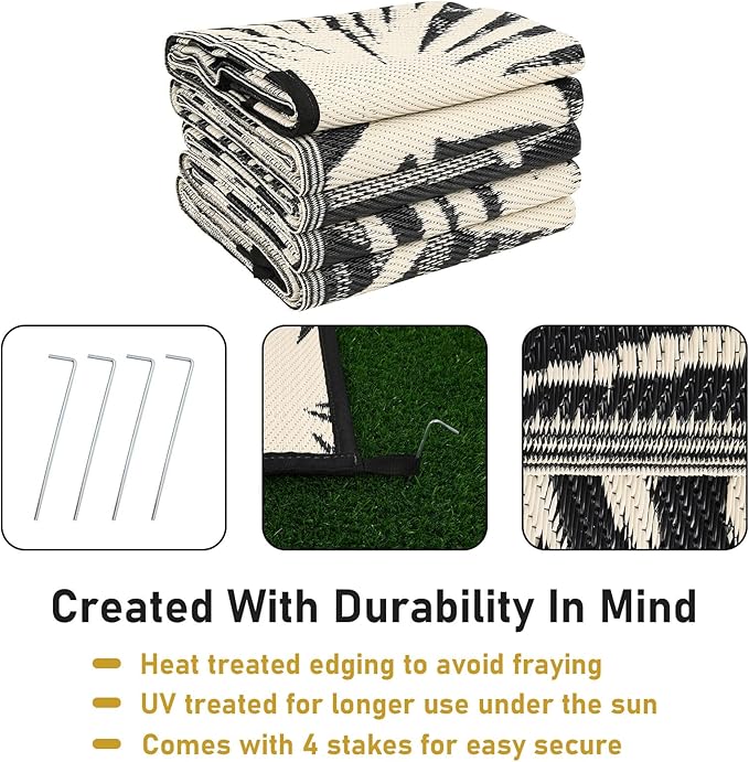 Outdoor Rug Waterproof for Patios Clearance, Reversible Outdoor Plastic Straw Rug Camping Carpet, Outside Floor Mats Large Area Rugs for RV,Patio,Deck,Porch,Beach, Balcony，8'x10',Black&Beige