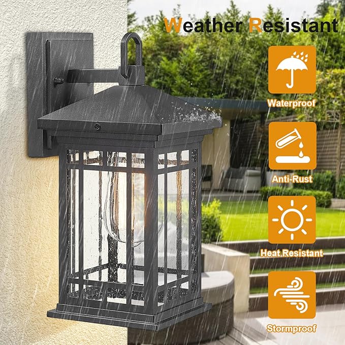 Outdoor Porch Lights Wall Mount, 12.4 Inch Outdoor Wall Lantern With E26 Sockets & Seeded Glass, Classic Exterior Lighting Fixtures, Waterproof Porch Light Fixtures For Garage (Bulbs Not Include)